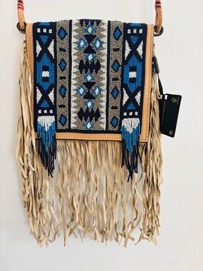 NWT Massimo Dutti Boho Fringe Crossbody Bag with Blue Aztec Beading